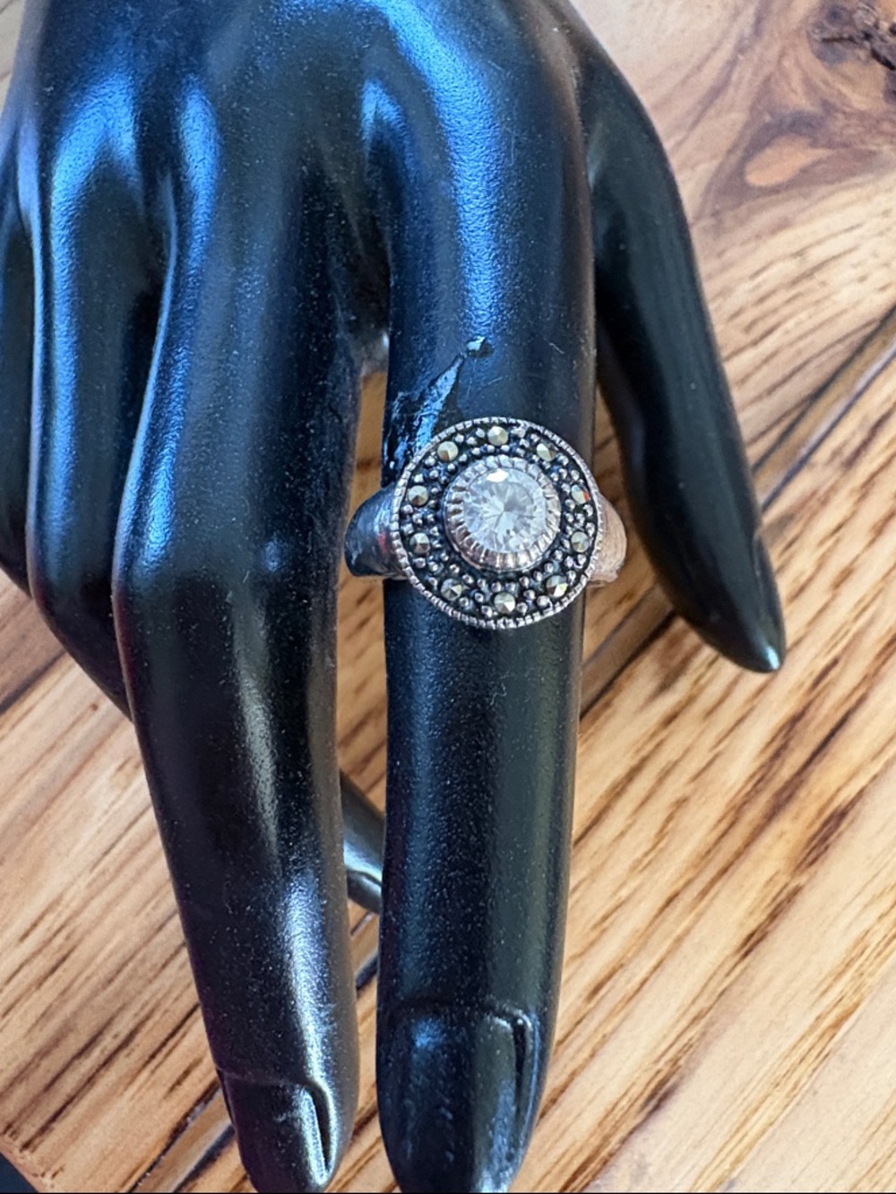 Silver Marcasite Halo Ring with Clear Center Stone